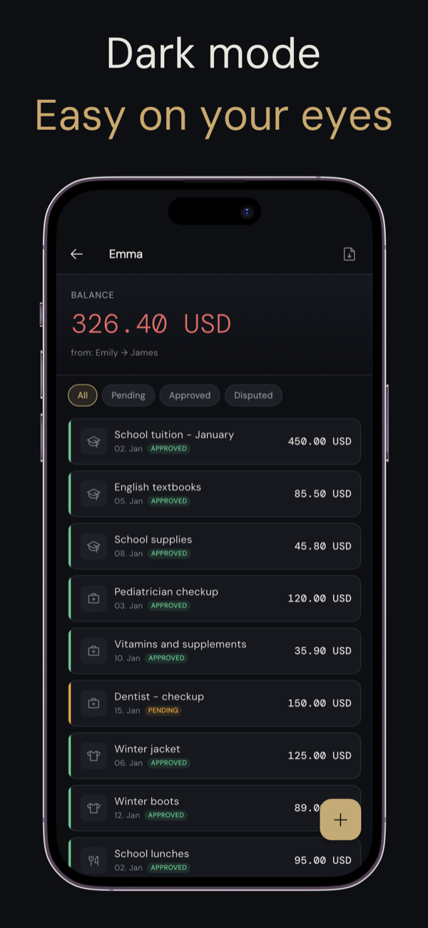 Expenses list in dark mode