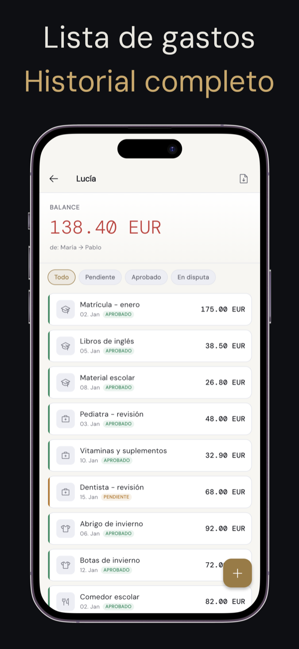 Lista de gastos con estados visuales diferenciados