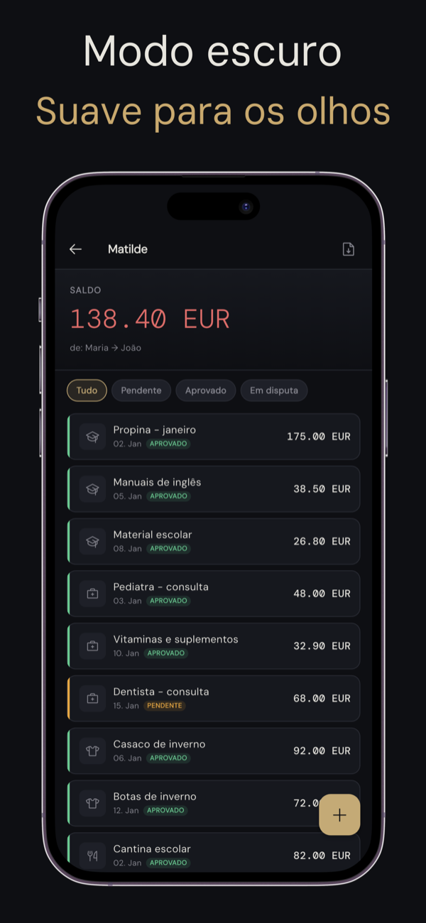 Lista de despesas com indicadores de estado por cores